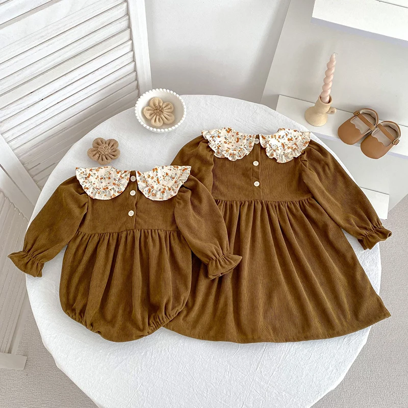 Neue Herbst Kinder Kleidung Schwestern Mädchen Party Prinzessin Kleid Cord Blume Kragen Kleid Baby Mädchen Strampler Kinder Schwestern Kleider – Detail 17