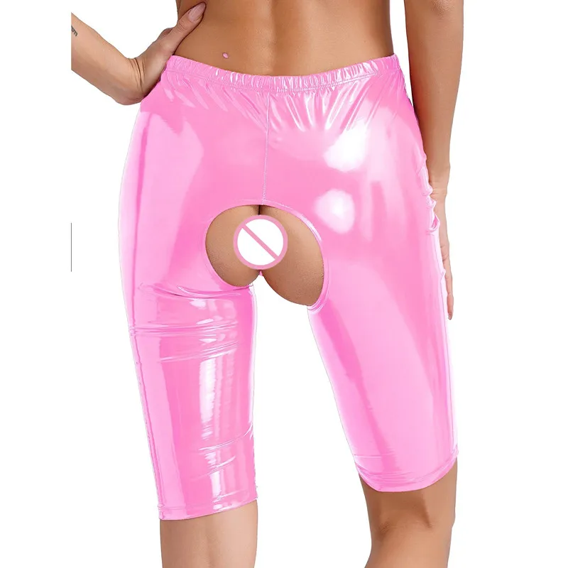 Pantalones cortos ajustados sin entrepierna de charol para mujer, ropa de dormir Sexy, aspecto húmedo, fiesta Rave, club nocturno, espectáculo de Pole Dance, pantalones calientes