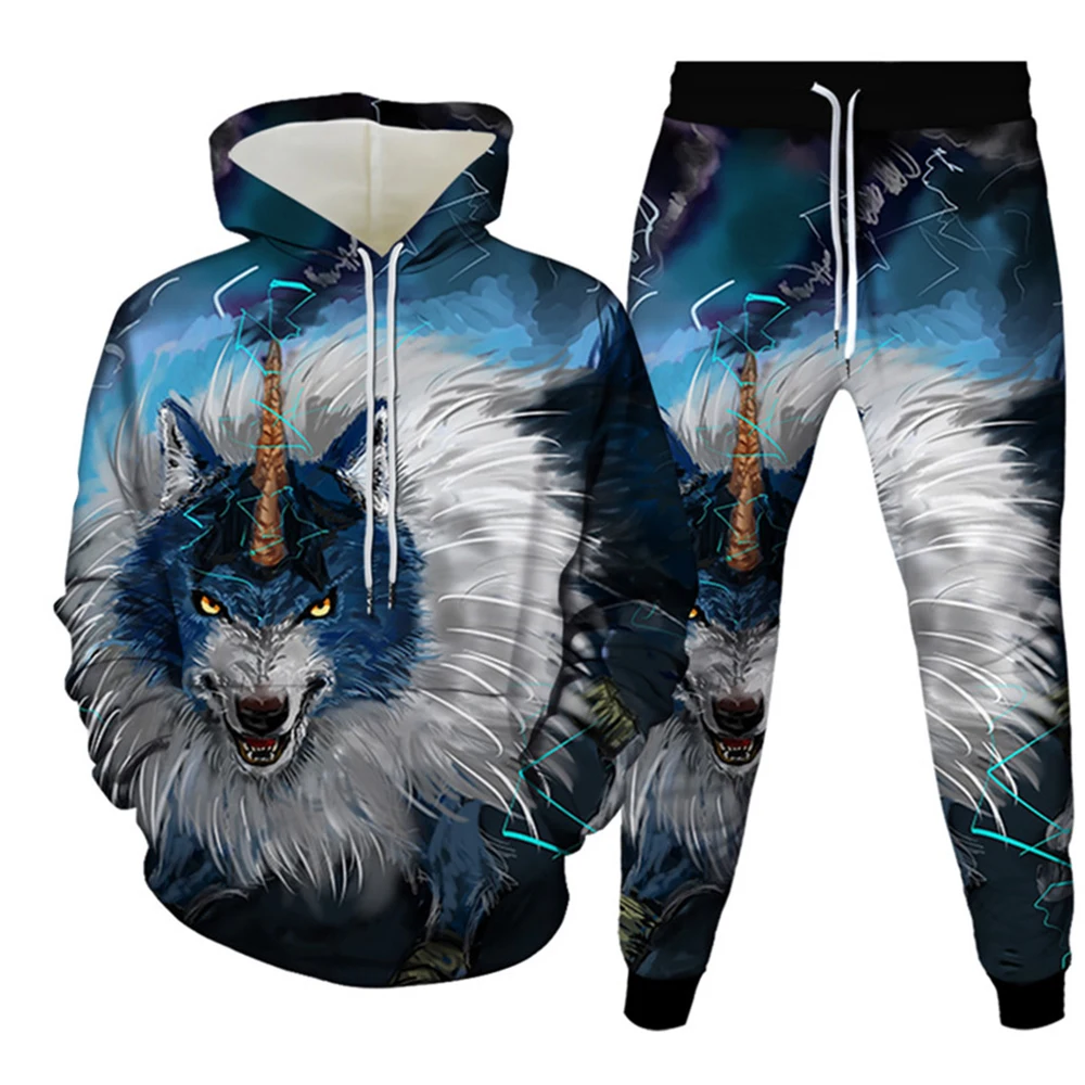 Men\'s Tracksuit Animal Wolf 3d Print Sets Casual Hoodie  Pants 2pcs Sets Oversized Sweatshirt Fashion Streetwear Men Clothing