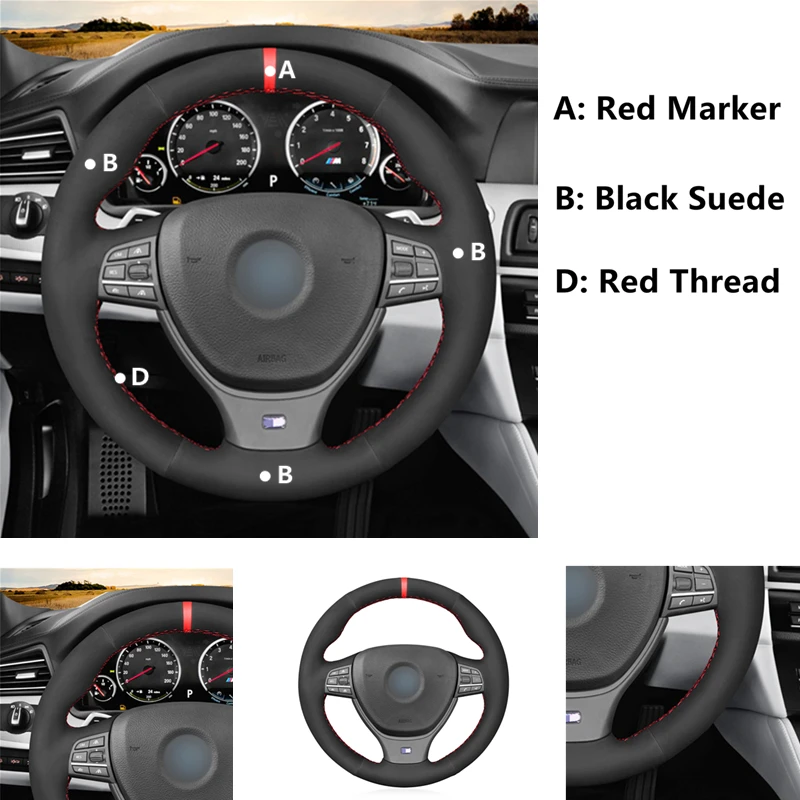 Black Suede Red marker Blue marker Car Steering Wheel Cover For BMW M Sport F10 F11 (Touring) F07 F12 F13 F06 F01 F02 M5 F10