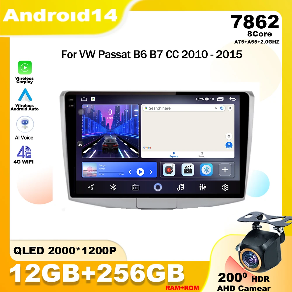 

Android 14 For VW Passat B6 B7 CC 2010 - 2015 Car Radio Multimedia Player Stereo Navigation BT GPS 5G WIFI 7862 CPU Carplay Auto