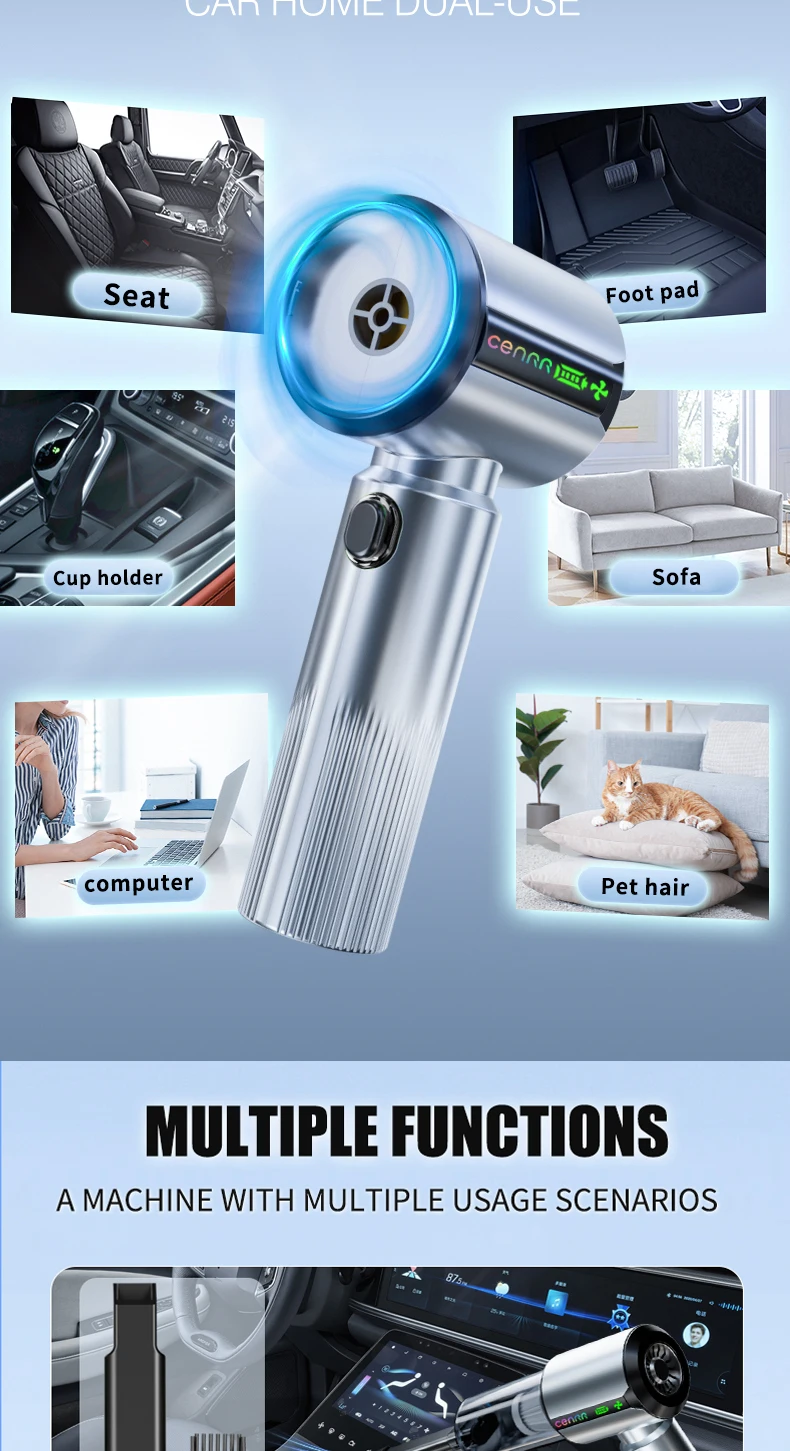 CENRR New Car Vacuum Cleaner Wireless Mini Powerful Portable HandHeld Car Cleaner LED Power Display Gift Lamp Air Gun 7500mAh