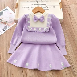 Girls Suits Long Sleeve Kids Sweaters Bow Kids Wear Knitted Pullover Top Skirt Clothing Suit for Children Baby Girl Sets 2-6Yrs