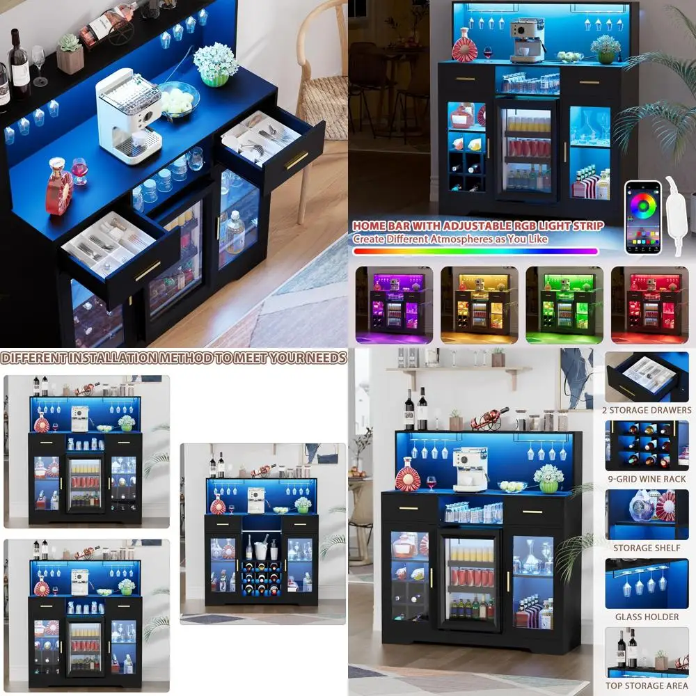 

Мини-бар/шкаф для кофе с LED-подсветкой и розеткой, домашний шкаф для напитков со стеклянными полками и винными стеллажами, электрический