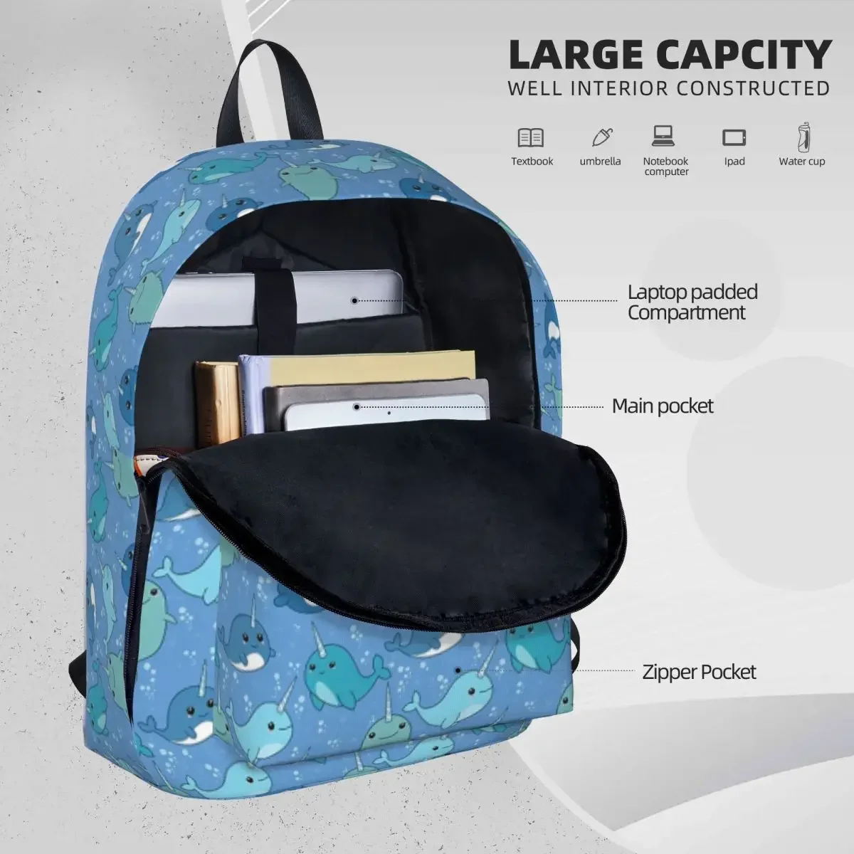 Narwhal Pattern Student PleBag, Initiated Laptop Rucksack, Travel Rucksack, Children School Bag, Fashion