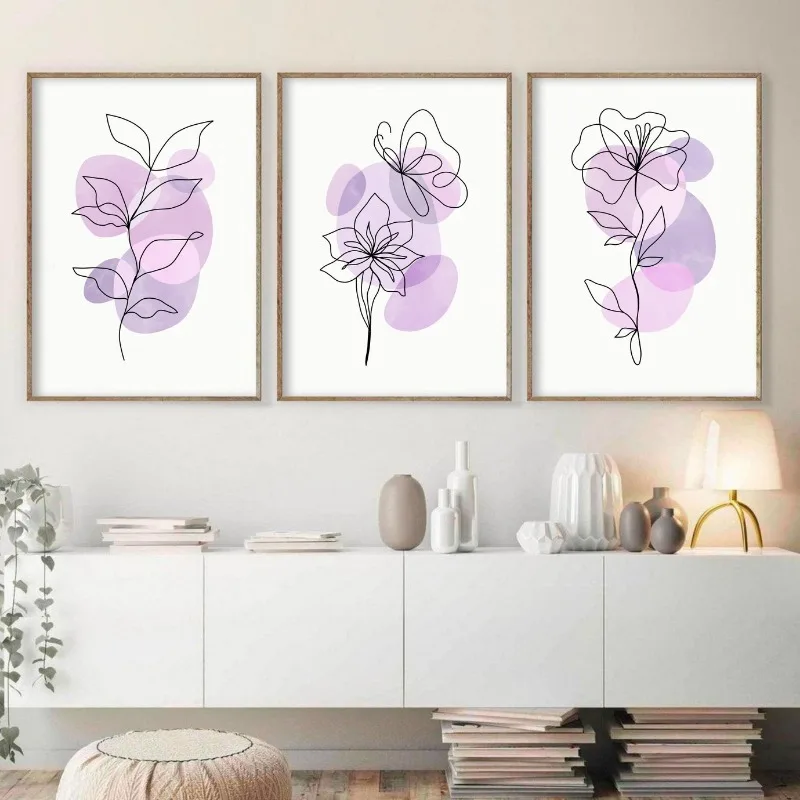 Pósteres e Impresiones de Arte Lineal con Flores Abstractas en Tonos Pastel Lila, Cuadro en Lienzo para Decoración de Pared de Sala de Estar