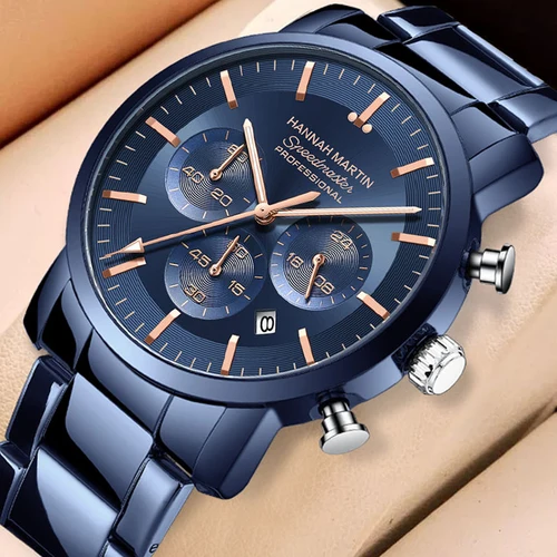2024 nuevo reloj multifuncional marca Hannah Martin 46mm azul plata acero inoxidable ocio reloj de sincronización de cuarzo envío gratuito