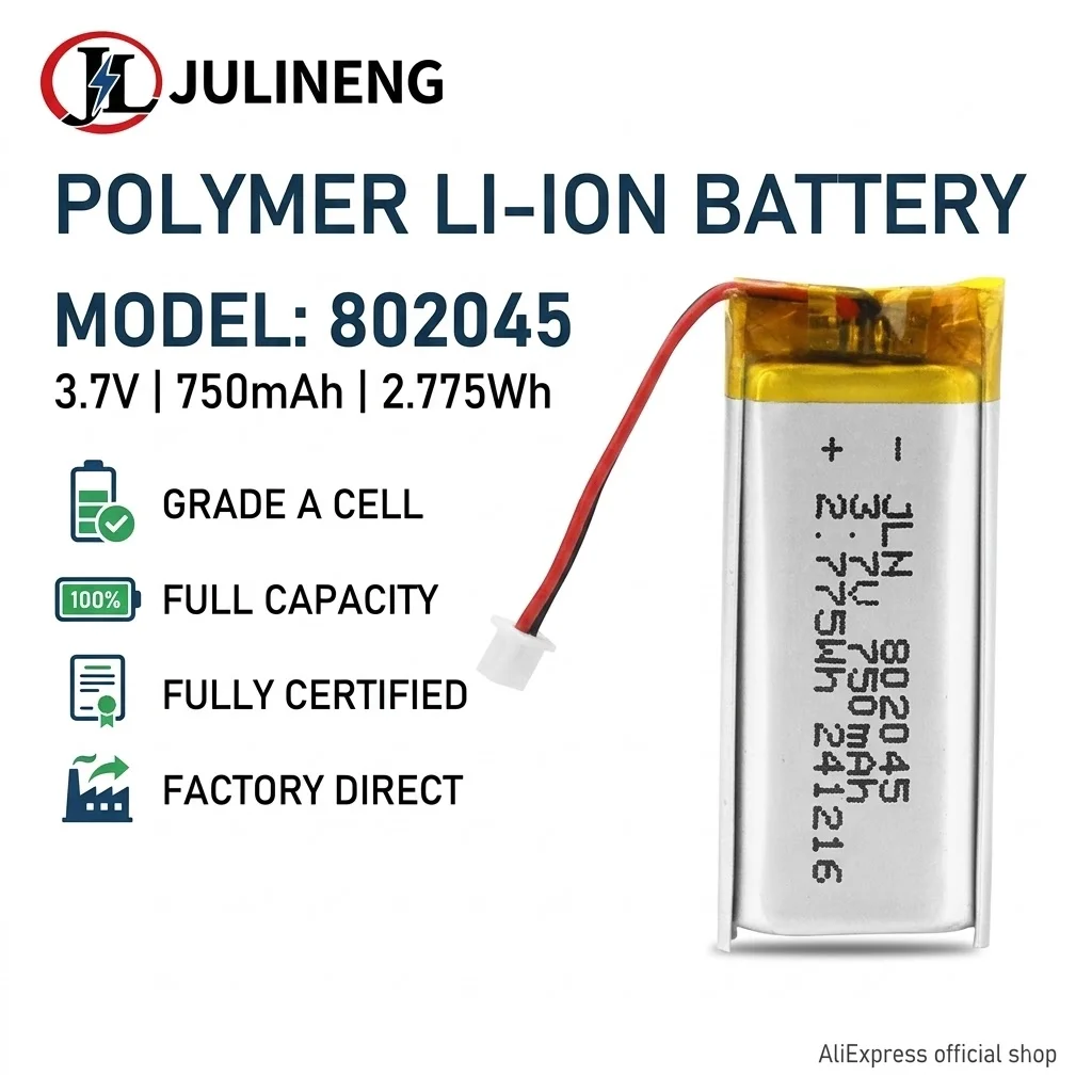 

802045 3.7V 750mAh Polymer Li-Po Battery With PH 2.0 Plug For GPS Tracker Bluetooth Speaker MP3 MP4 Wearable Devices