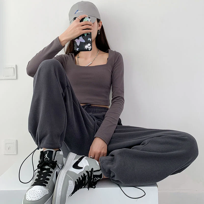 Women Gray Baggy Sweat Pants Autumn Winter Loose Pockets Designed Trousers Solid Thick Streetwear Sports Elastic Streetwear