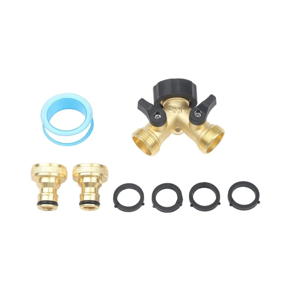 Brass 2-Way Garden Hose Connector with Dual Flow Control Valves and Tight-Seal Rubber Washers for Reliable Multi-Hose Operation