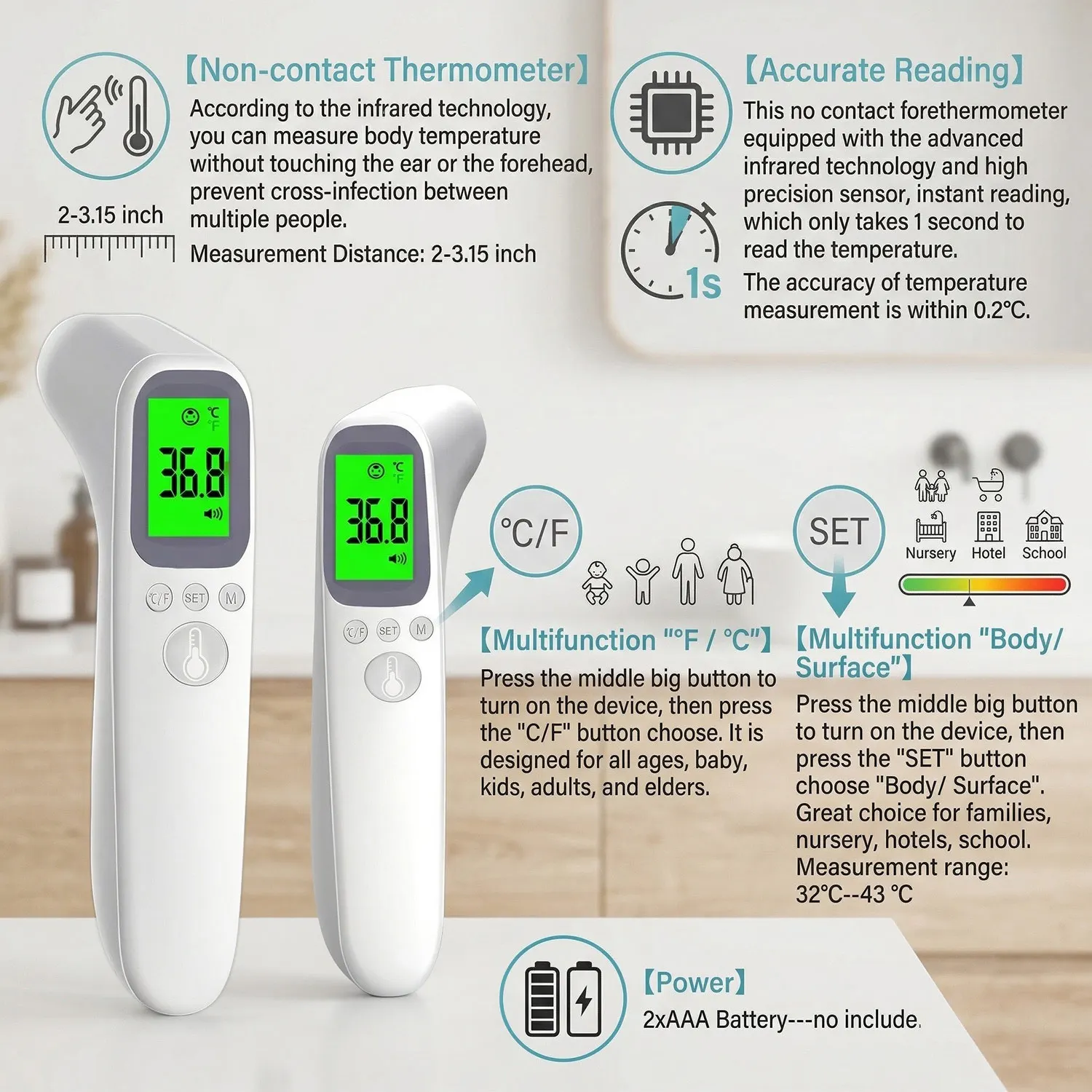 Digital Non-Contact Thermometer Infrared Thermometer Forehead Ear medical Termometro Body Fever Baby/Adult Temperature