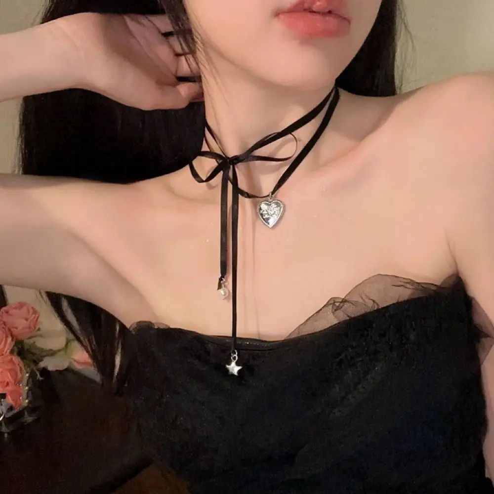 Korean Style Balletcore Style Ribbon Necklace Star Pearl Love Pendant Clavicle Chain Small Photo Frame Jewelry Accessories
