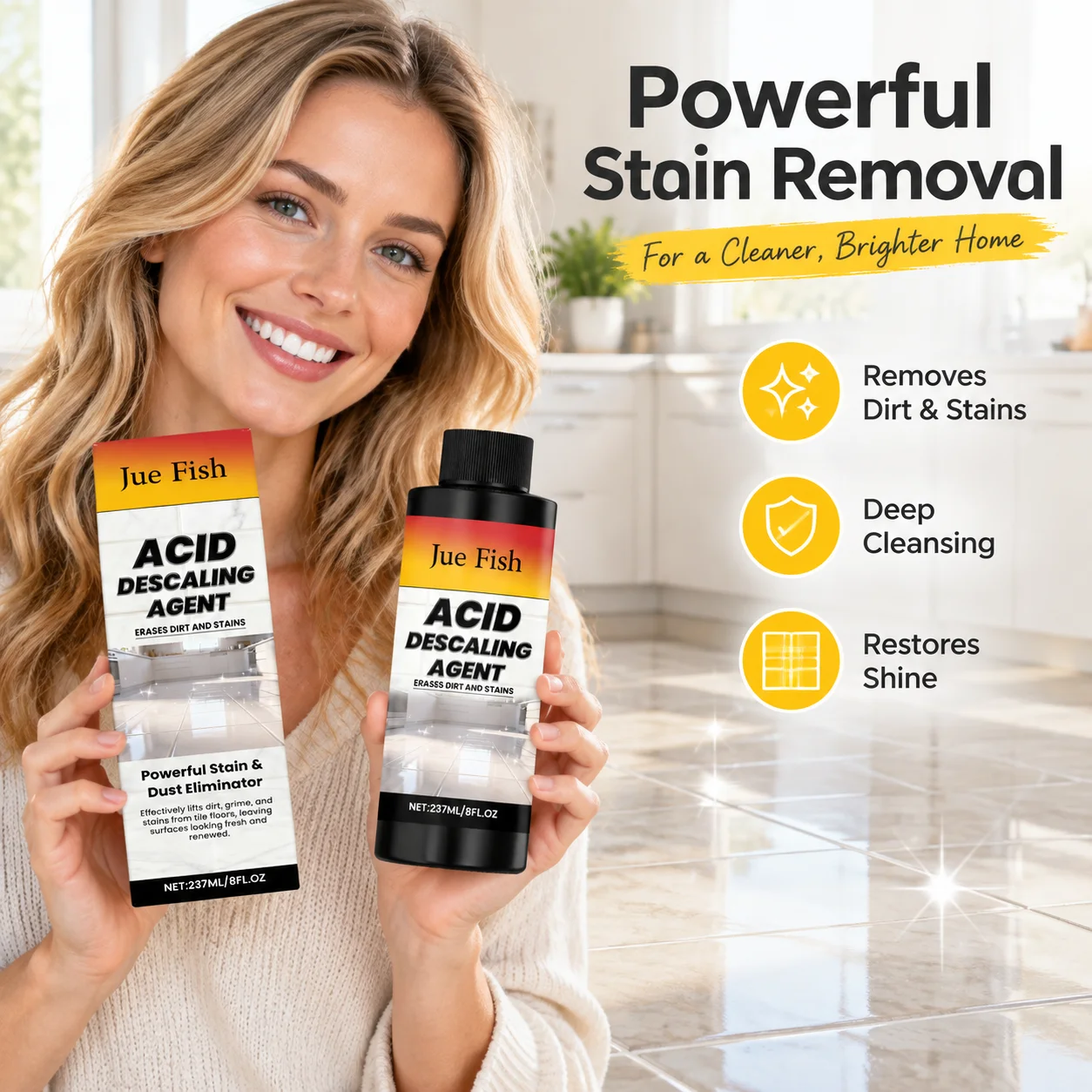 Jue Fish Acid Descaling Agent Powerful Stain Grime Remover Boost Natural Luster for Home Bathroom and Kitchen Tile Cleaner 237ml