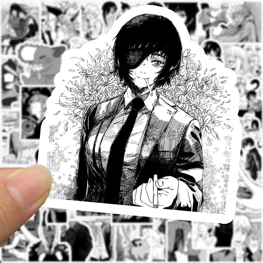 10/30/50/100pcs Cool Chainsaw Man Anime Stickers Black White Graffiti Decals Skateboard Laptop Car Waterproof Sticker Kids Toys