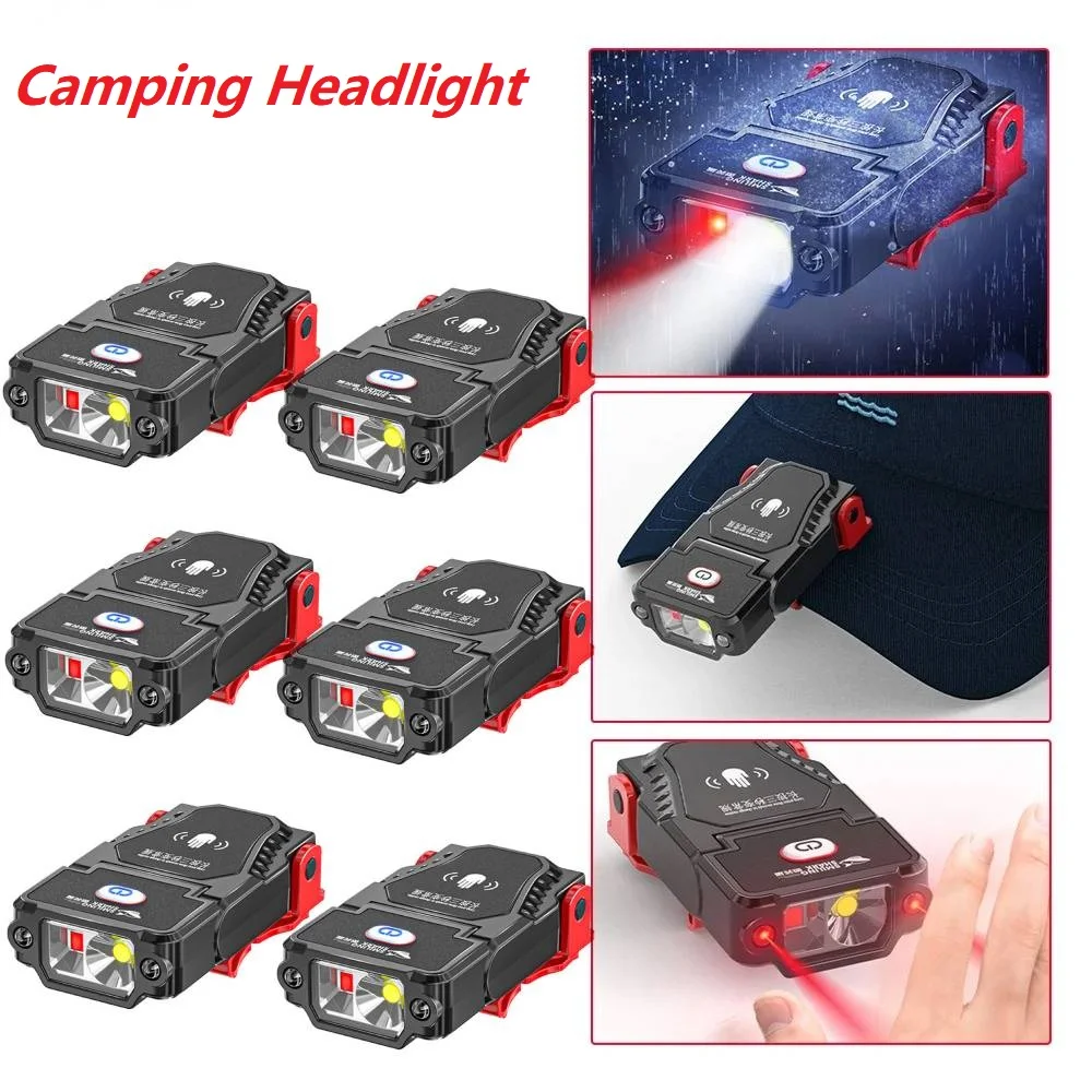 1-6pcs LED Sensor Headlamp For Fishing Headlight USB Rechargeable Super Bright Hat Clip Cap Light Torch Camping Headlamp Work