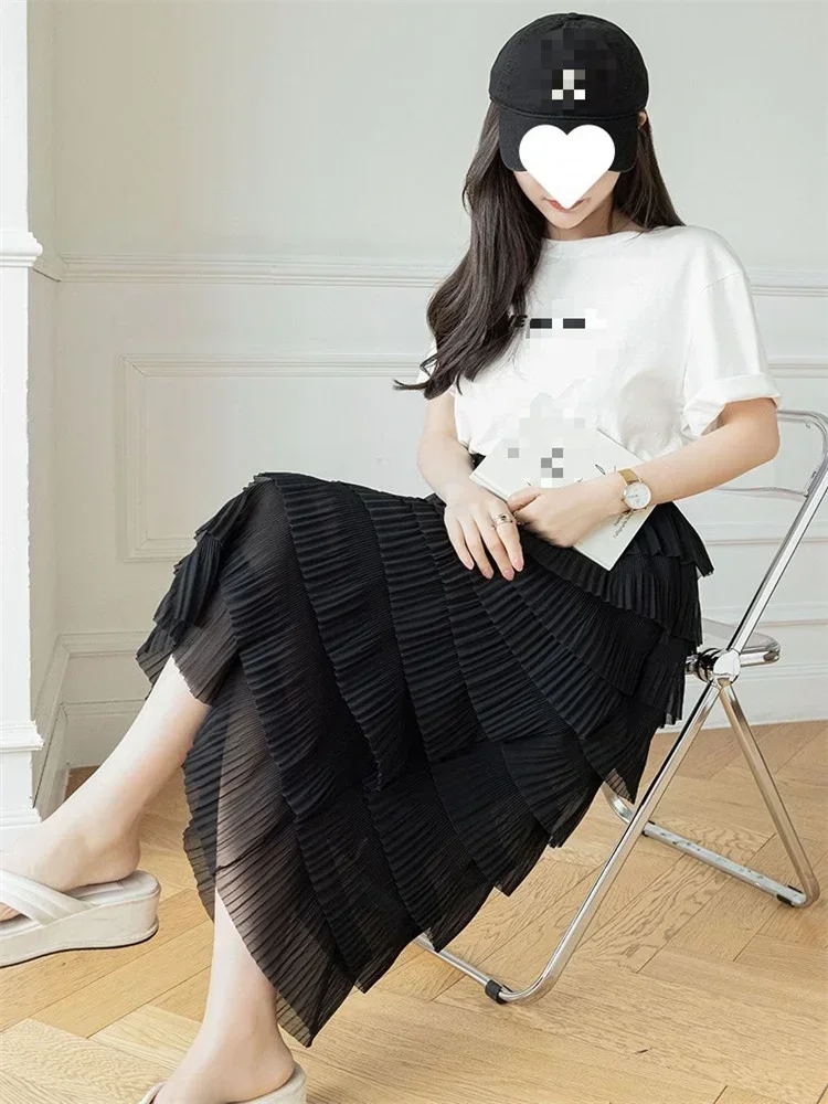 Women's Slimming Midi-length Skirt Elastic High Waist Chiffon Patchwork Layered Cake Skirt A-line Mini Skirt Oversized Skirts
