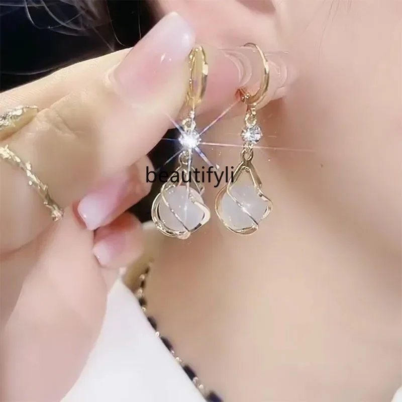 New high-end opal ear buckle sterling silver earrings niche design light luxury fashion versatile earrings