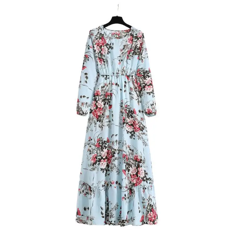 Primavera verão feminino maxi vestidos casuais manga cheia floral impresso o pescoço mulher bohe praia festa vestido longo mujer vestidos