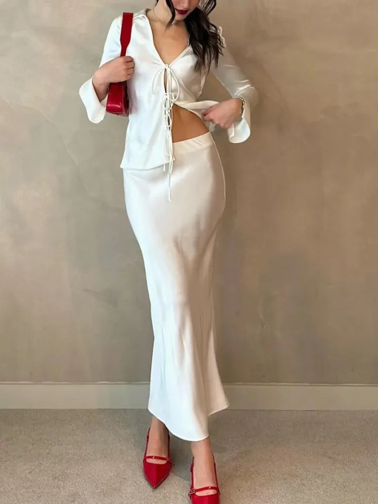 RARA 2025 ซาตินกระโปรงยาวผู้หญิง Draped เอวสูง Midi กระโปรงผู้หญิงฤดูร้อนตรงกระโปรงผู้หญิง Holiday Beach กระโปรงผู้หญิง