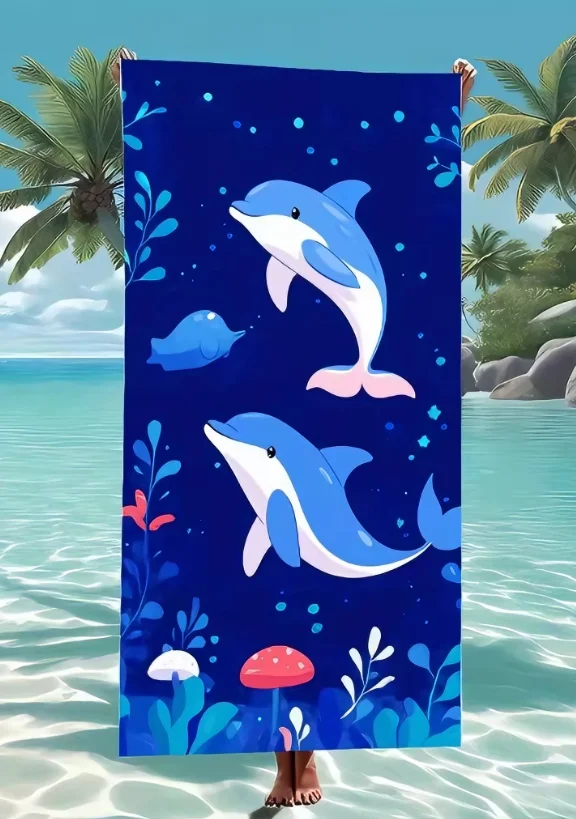 Cartoon Dolphin Ocean Beach Towel, Large Microfiber Sand Free Quick Dry Towel for Summer Vacation