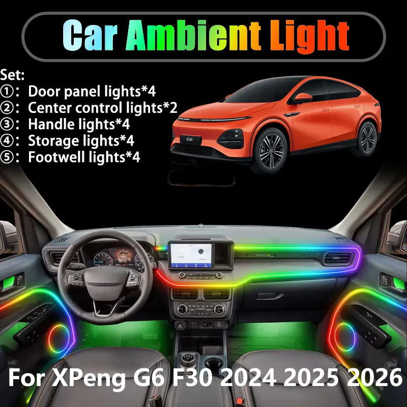 

Для XPeng G6 F30 2024 2025 2026 2/18 в 1 Автомобильное окружающее освещение Светодиодные внутренние светодиодные фонари багажника USB RGB Ensemble Streamer Автозапчасти
