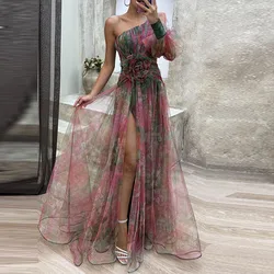 2025 New Party Mesh Diagonal Collar Dress Women's Spring Flower Print Long Dress Sexy One Shoulder Sleeve High Waist Split Dress
