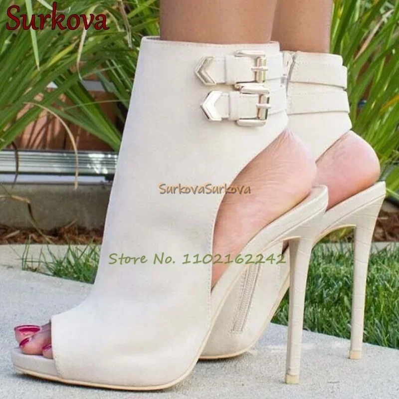 

Summer Suede Buckle Strap Sandals Open Toe Stiletto Side Zipper Ankle Boots Fashion Night Club Party Dress Wedding Ankle Boots