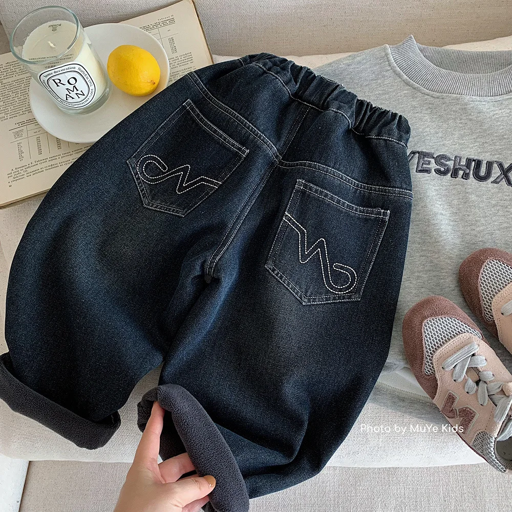 

Джинсовые штаны UNITIM для маленьких мальчиков, флисовые детские джинсы с мультяшной вышивкой для маленьких мальчиков, новые зимние детские брюки с эластичной резинкой на талии для мальчиков