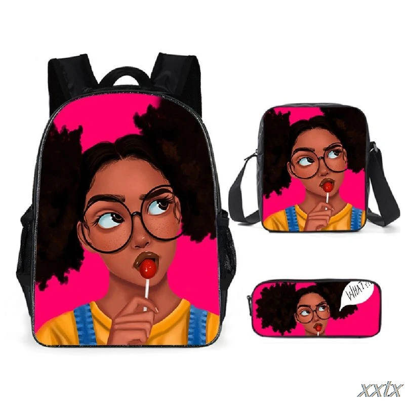 Sac à dos imprimé 3D fille africaine, sac à bandoulière incliné, sac d'école pour élève, sac à dos pour ordinateur portable, étui à crayons, nouveauté Harajuku, 3 pièces par ensemble