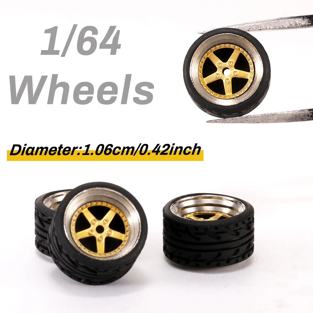 

1/64 Металлические золотые модели колес для детализации моделей автомобилей с резиновыми шинами для Tomica Hot Wheels, 4 шт., диаметр комплекта: 10,6 мм