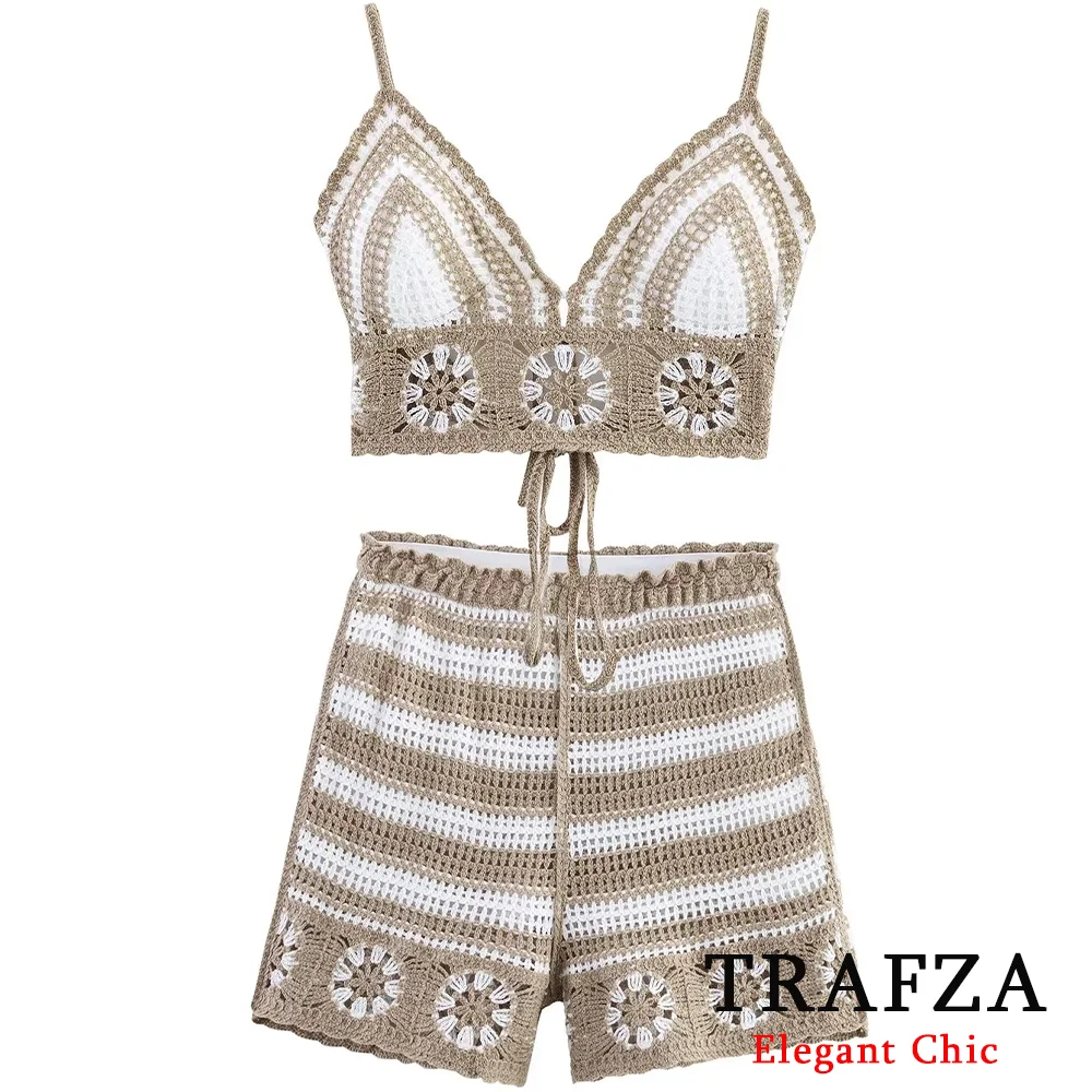 

TRAFZA Women Sexy Knit Set Flower Embroidery Backless Cami Tops Straight Shorts 2025 New Spring Summer Beach Party Holiday Set