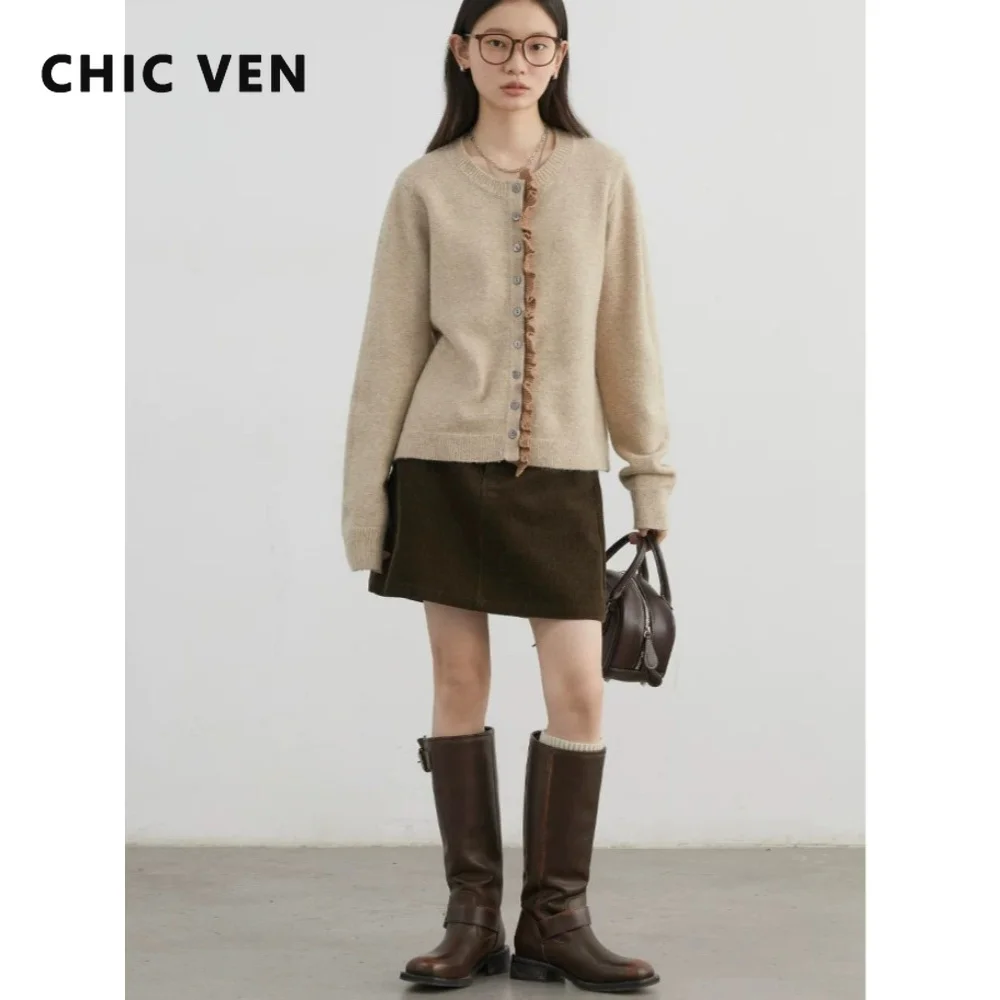 CHIC VEN Frauen Pullover Koreanische Rundhals Kontrast Farbe Patchwork Spitze Pullover Strickjacke Weibliche Top Herbst Winter 2024