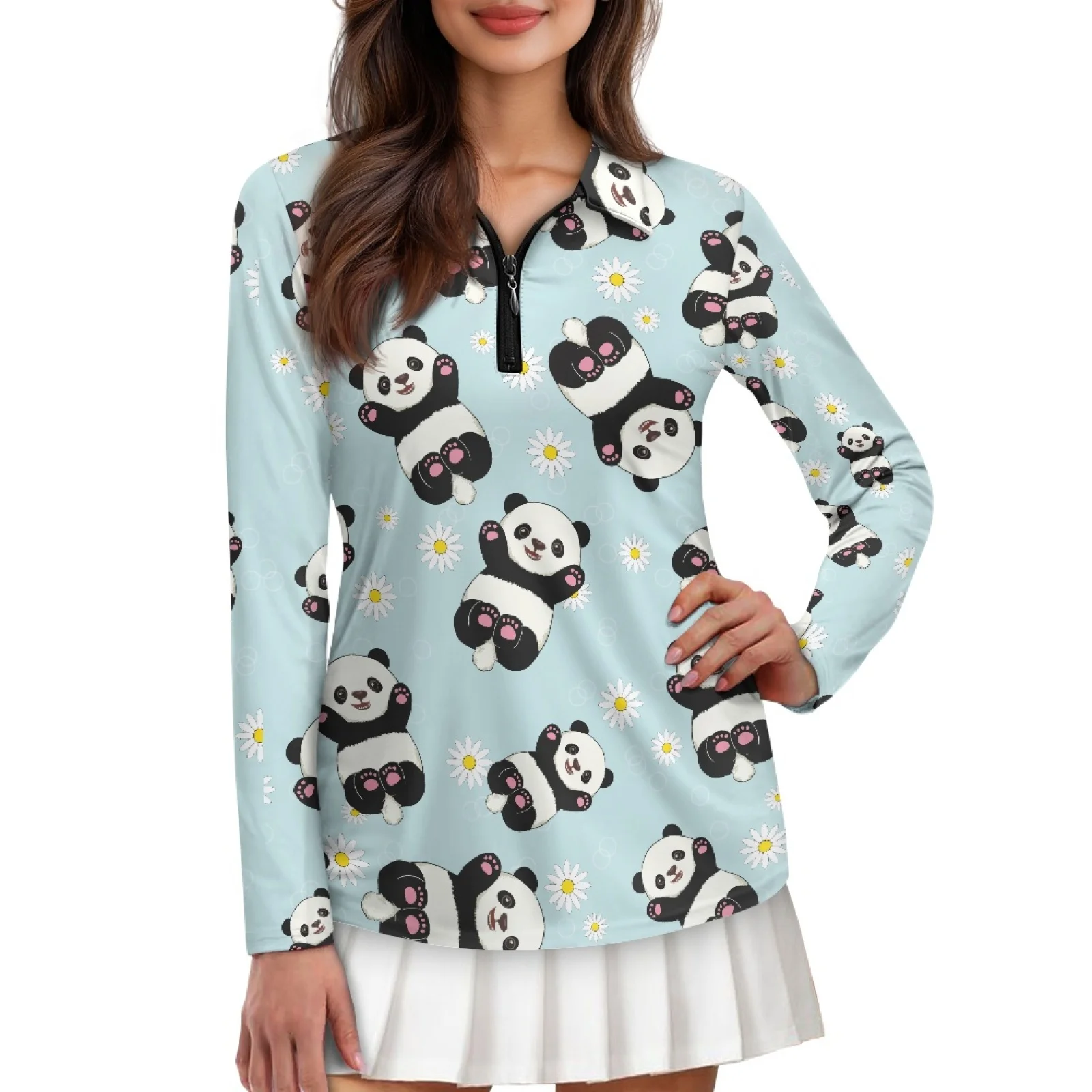 PENSTROLL Panda and Daisy Pattern Womens Hiking Tennis Running Tops Hiking Running Fishing Golf Shirt for Badminton