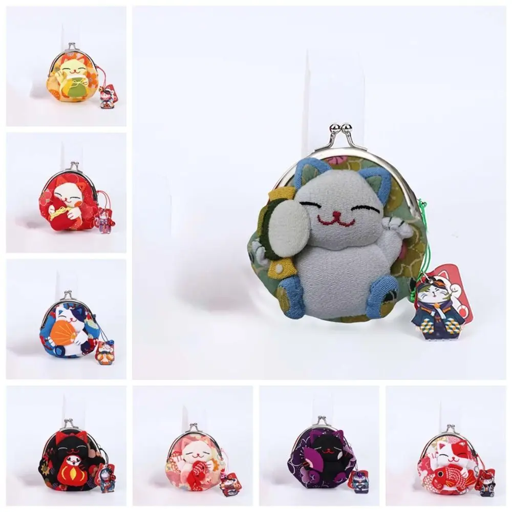Fashion Design Japanese Style Maneki Neko Coin Purse Doll Wallets Lucky Cat Clutch Bag Flower Printing PU Card Holder Outdoor