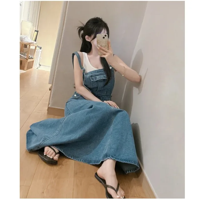 

Slimming Effect Loose Fit Denim Dress Korean Style High Waist Cotton Casual Mid-Length A-Line Skirt with Pockets