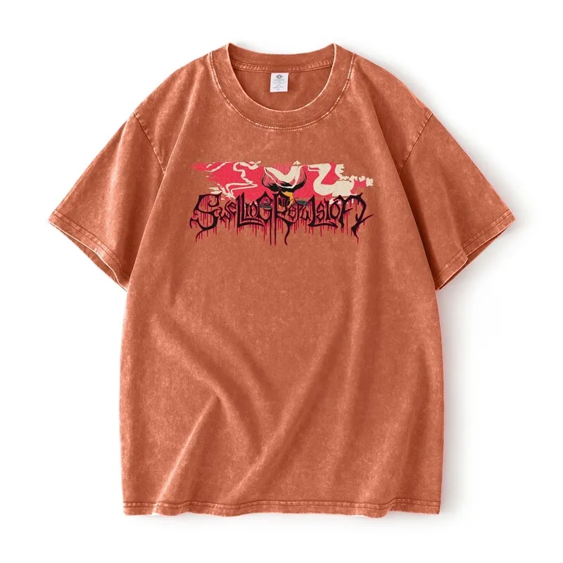 Print Thermal Transfer Washed T Shirt For Men Streetwear Hip Hop Summer Quality Cotton Distressed Loose Fit Plus Sized Camisetas