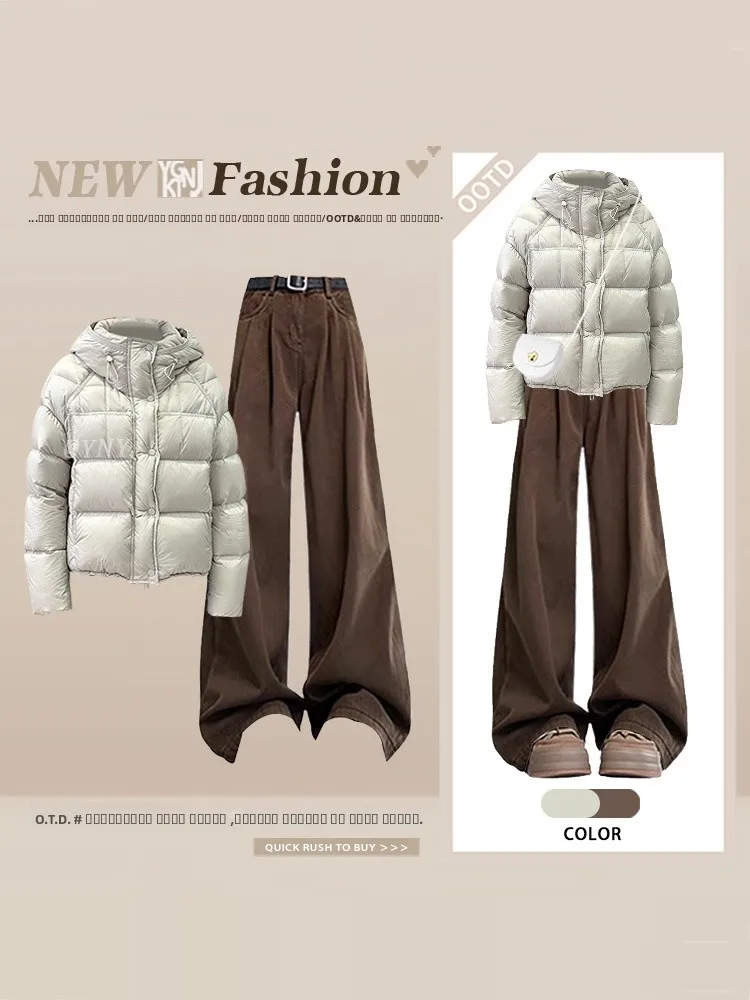 

Winter New Loose Slimming Cotton Jacket Women's Wide Leg Straight Pants Set Warm Elegant Two Piece Set Fashionable Casual Wear
