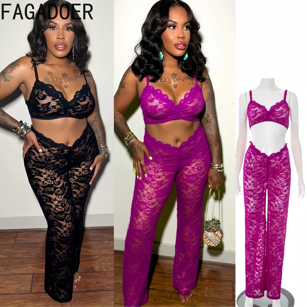 

FAGADOER Sexy Lace Patchwork 2 Piece Sets Woman Outfit Spaghetti Strap See Through Tank Top + Leggings Pants Female Streetwear