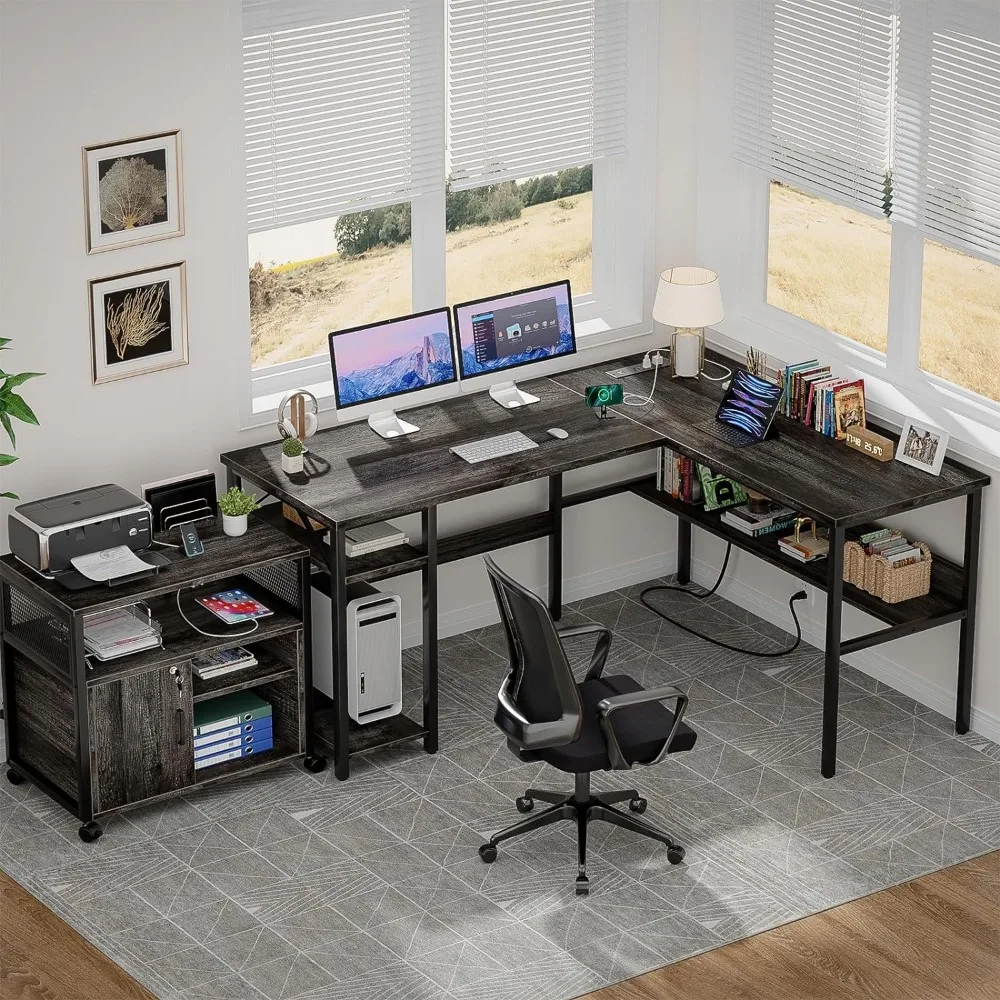 Unikito Reversible L Shaped Desk with Magic Power Outlets and USB Charging Ports, Sturdy Corner Computer Desk with Storage
