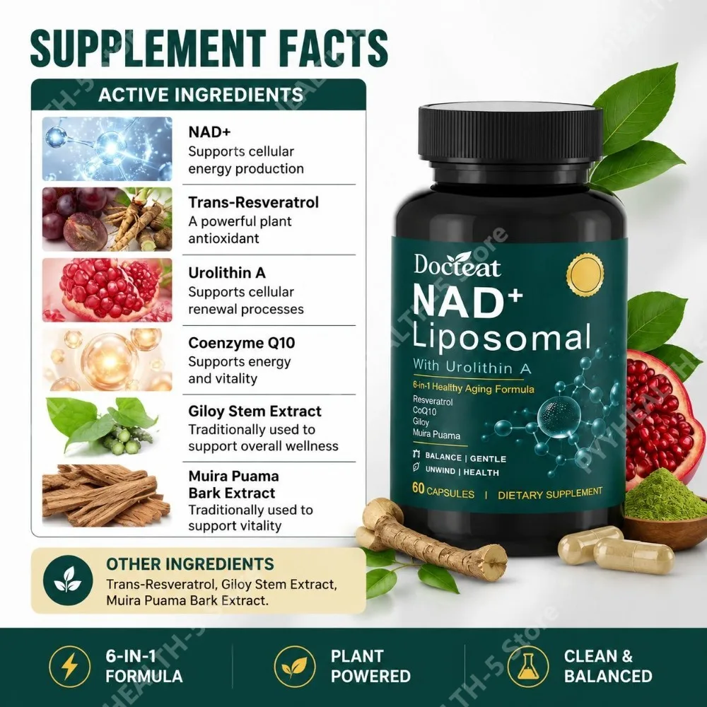 Docteat NAD+ Liposomal Capsules with Urolithin A, CoQ10, Trans-Resveratrol for Energy Supports and Healthy Aging, 60 Capsules