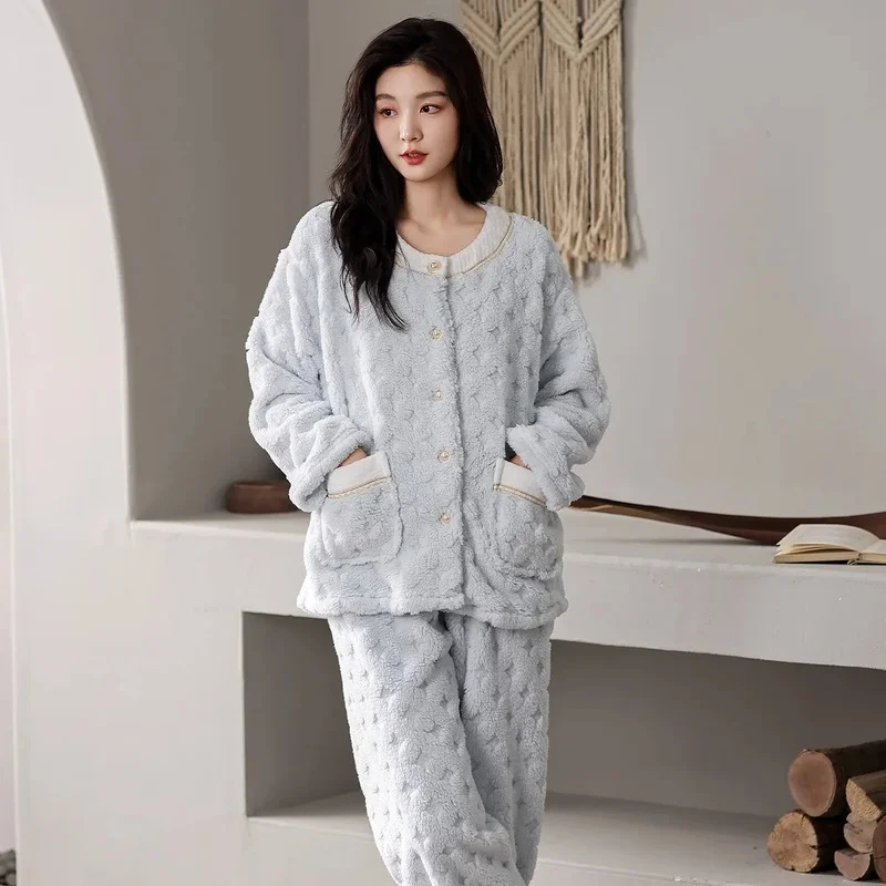 Women's Thick Fleece Pajama Set Autumn Winter Pearl Button Long Sleeve Loungewear