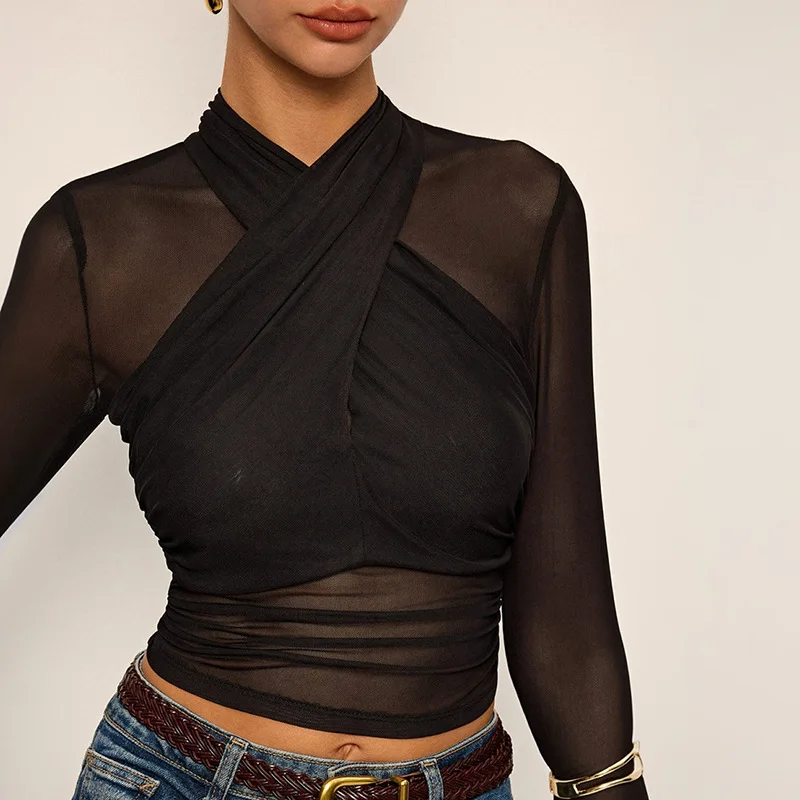 

Spring Sexy Cross Sheer Mesh Long Sleeve Womens Blouse Mock Neck Streetwear Ruched Crop Top Slim Fit Chic Black Y2k Shirt