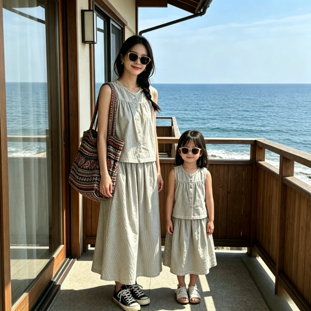 Mom and Daughter 2 Piece Set Family Matching Outfits Korean Style Mommy Me Matching Linen Cotton Sleeveless Vest Skirt Clothes