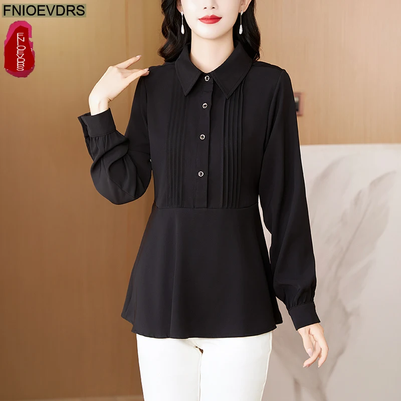 Elegant Black Basics Shirts New Fashion Woman Autumn Spring Long Sleeve Solid Retro Office Lady Button Peplum Tops Blouses