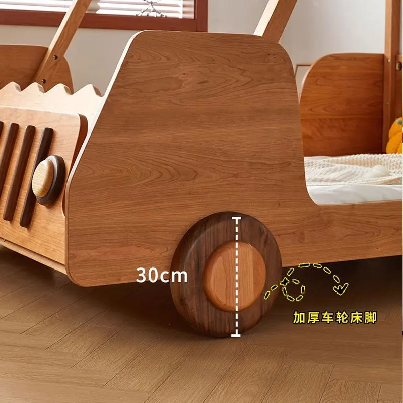 Tempat tidur anak model mobil sport kartun, tempat tidur anak kayu solid dengan pagar