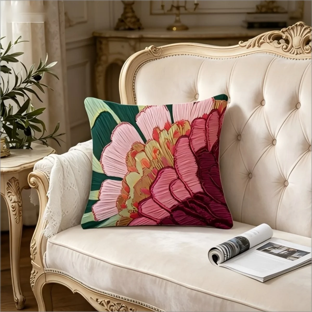 Faux Embroidery Peony Floral Print Throw Pillow Cover, Bold Pink Green Botanical Decorative Cushion for Living Room  Couch