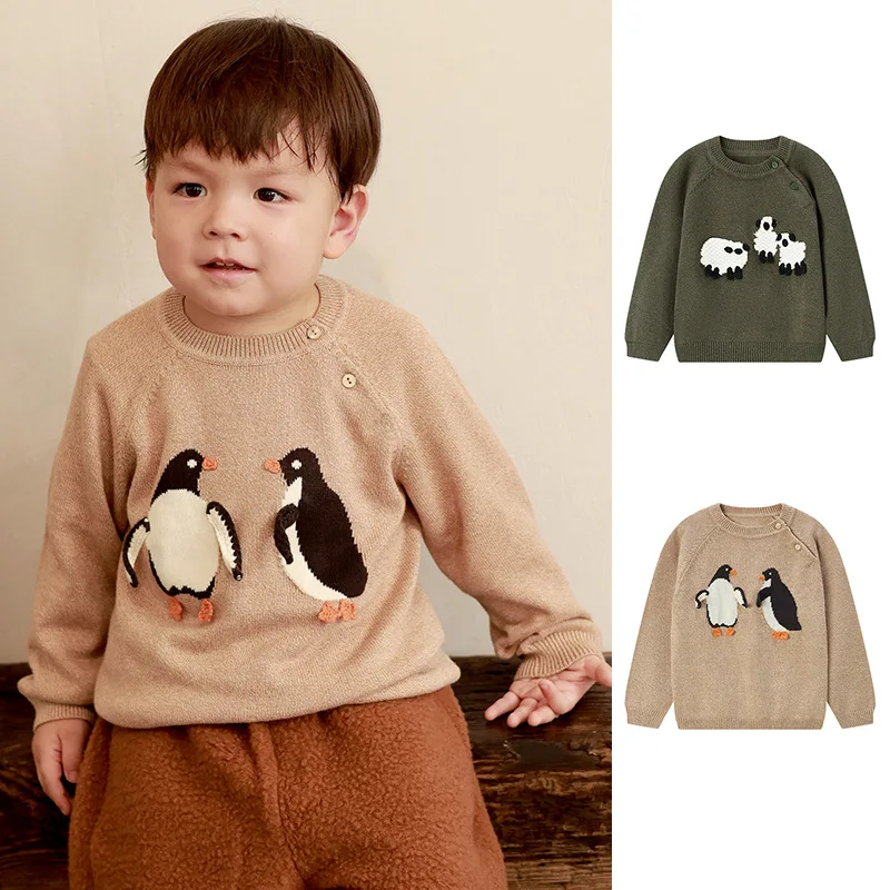 Clibeso 2024 Autumn Design Baby Boys Girls Sweater Kids Knitted Penguin Embroidery Top Children Knitting Outwear