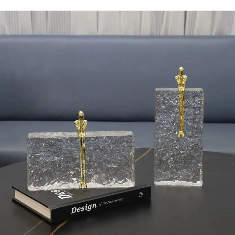 Metal Handicraft Abstract Figure Sculpture Crystal Base Golden Thinker Figures Ice Wrinkle Home Decor