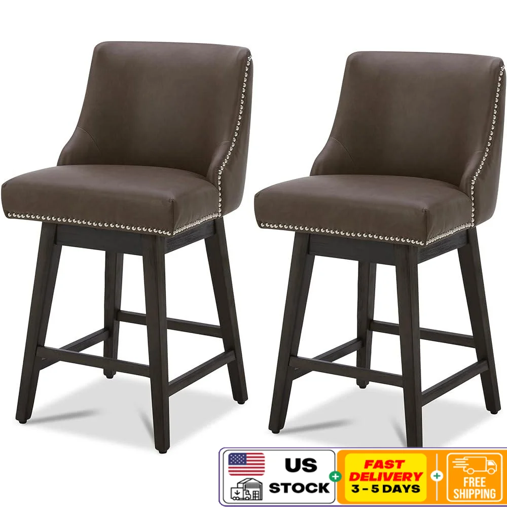 

Counter Height Bar Stools Set of 2 Swivel Upholstered Faux Leather Comfortable Cushion Solid Birch Wood Legs Modern Design