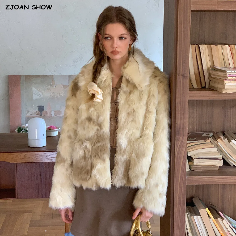 Vintage Winter Women Long Hairy Tie Dye Gradient Fox Faux Fur Coat Lapel Collar Long Sleeve Warm Shaggy Jacket Short Outerwear